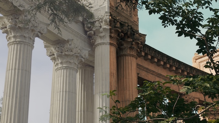 Kodak Dusk before and after comparison on an architecture scene