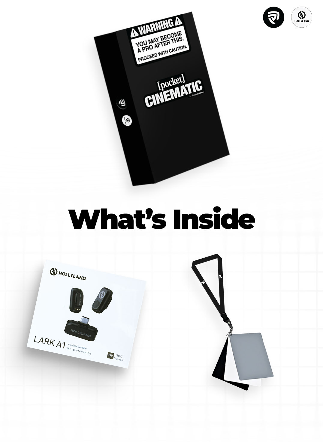 The Pocket Cinematic Founder Edition Box and what is inside it: the Hollyland Lark A1 wireless mic worth over RM200, a branded lanyard, and a white balance checker card